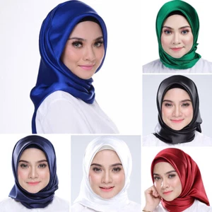 New Women Square Silk Satin Muslim Islamic Hijab Scarf Head Wrap Casual Gift - Picture 1 of 30