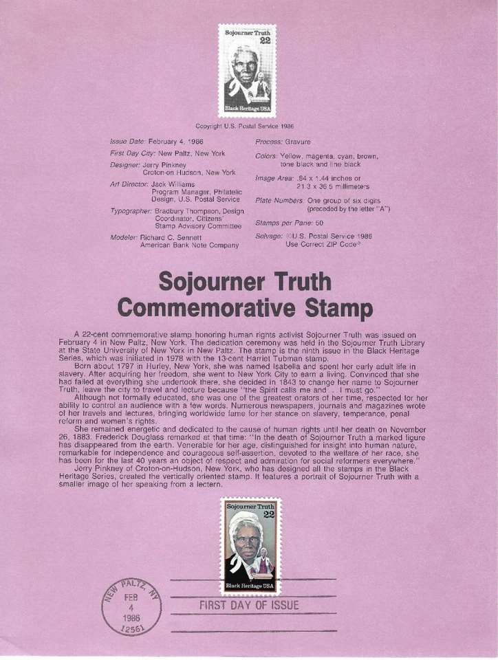 US Scott#SP743 (2203) 22c Sojourner Truth single Souvenir Pages NH 1986 - Image 1 of 1