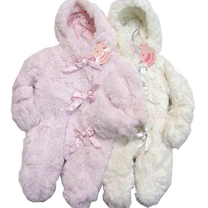 Baby Mädchen Luxus Fell Feel gefütterter Schneeanzug mit Kapuze und Satinschleifen rosa oder weiß - Bild 1 von 2