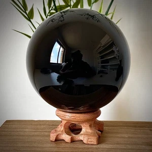 1.97LB  Natural Obsidian Stone Ball Quartz Crystal Sphere Healing W/ Stand - Picture 1 of 11