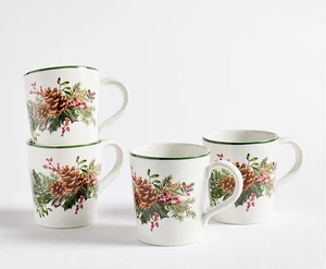 Pottery Barn Holly Berry Weihnachten Tassen Tannenzapfen Urlaub Steinzeug 4er Set NEU - Bild 1 von 7