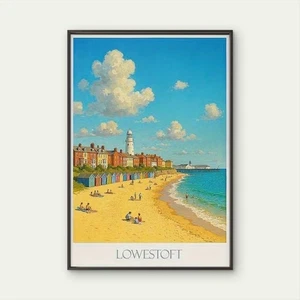 Lowestoft  Vintage Coastal Lighthouse & Beach Scene Travel Poster Print Wall Art - Bild 1 von 2