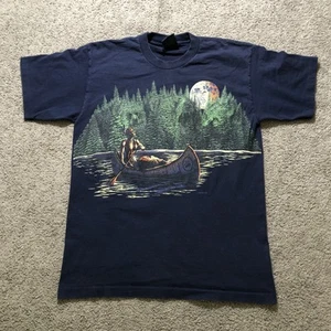 Vintage Habitat Shirt Mens Medium Blue Native American Canoe Moon Forest 90s Tee - Picture 1 of 13