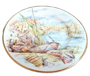 Fenton Plate ENGLISH BONE CHINA Fishing Village with BOATS Scene Gold Rim DECOR - Picture 1 of 6