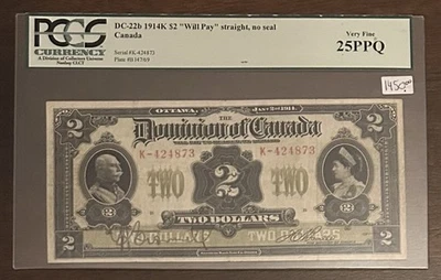 1914 Dominion of Canada $2 Bank Note - "WILL PAY" Straight - PCGS VF 25PPQ  A19 - Image 1 of 3