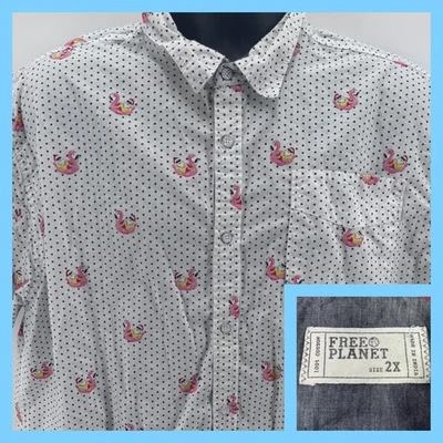 Camisa Free Planet Para Hombres Blanca Santa y Punto Flamenco Manga Corta Abotonada Talla 2X Foto 1 de 4