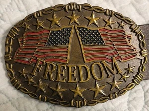  American Waving Flags Stars Freedom Belt Buckle with Leather Wrangler Belt XL - Picture 1 of 15