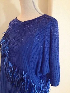 OLEG CASSINI Cobalt Royal Blue Beaded Sequined 100% Silk Top Woman's Sz Small - Picture 1 of 11