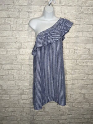 Mini vestido Aqua para mujer azul a rayas mezcla de lino con volantes talla pequeña de un hombro Foto 1 de 4