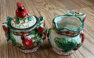Cracker Barrel Cardinals Sugar & Creamer Set Plaid Tidings Birds Christmas VTG - Picture 1 of 5