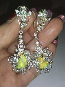 Natural Ethiopian Opal Baby blue Topaz Dangle Earrings 925 Sterling Gold Plate - Picture 1 of 5