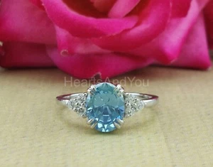 1ct Oval Cut Natural Aquamarine & Diamond 14k SOLID White Gold Engagement Ring - Picture 1 of 7