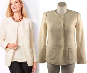 Talbots Petite 10P Ivory Blazer Boiled Wool Blend Button Up Jacket Lined Pockets - Picture 1 of 13