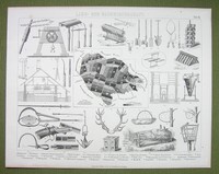 HUNTING & Forestry Drying Surveying Rifle Traps Fox Pole - 1870s Engraving Print