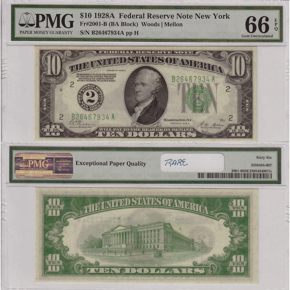 $10 1928A Federal Reserve Note New York Fr#2001-B PMG Gem Uncirculated 66 EPQ - Image 1 of 1