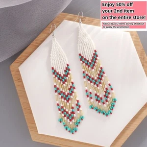 BOHO Seeds Beaded Earrings Fringe Tassel Bohemian Dangle Drop Handmade Jewelry - Picture 1 of 8