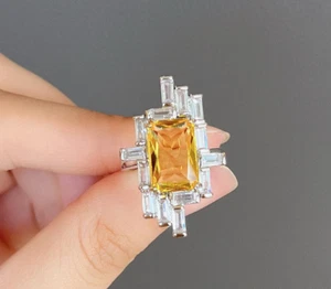 Honey Yellow Emerald Cut Citrine & Baguette CZ Geometric Design 935 Silver Ring - Picture 1 of 4
