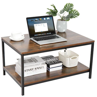 2-Tier Small Coffee Table Rectangle Wood Side End Table w/ Storage Rustic Brown - Image 1 of 4