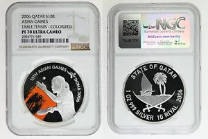 QATAR 10 Riyal 2006 Silver 1oz NGC PF70UC '15th Asian Games Doha - TABLE TENNIS' - Picture 1 of 3