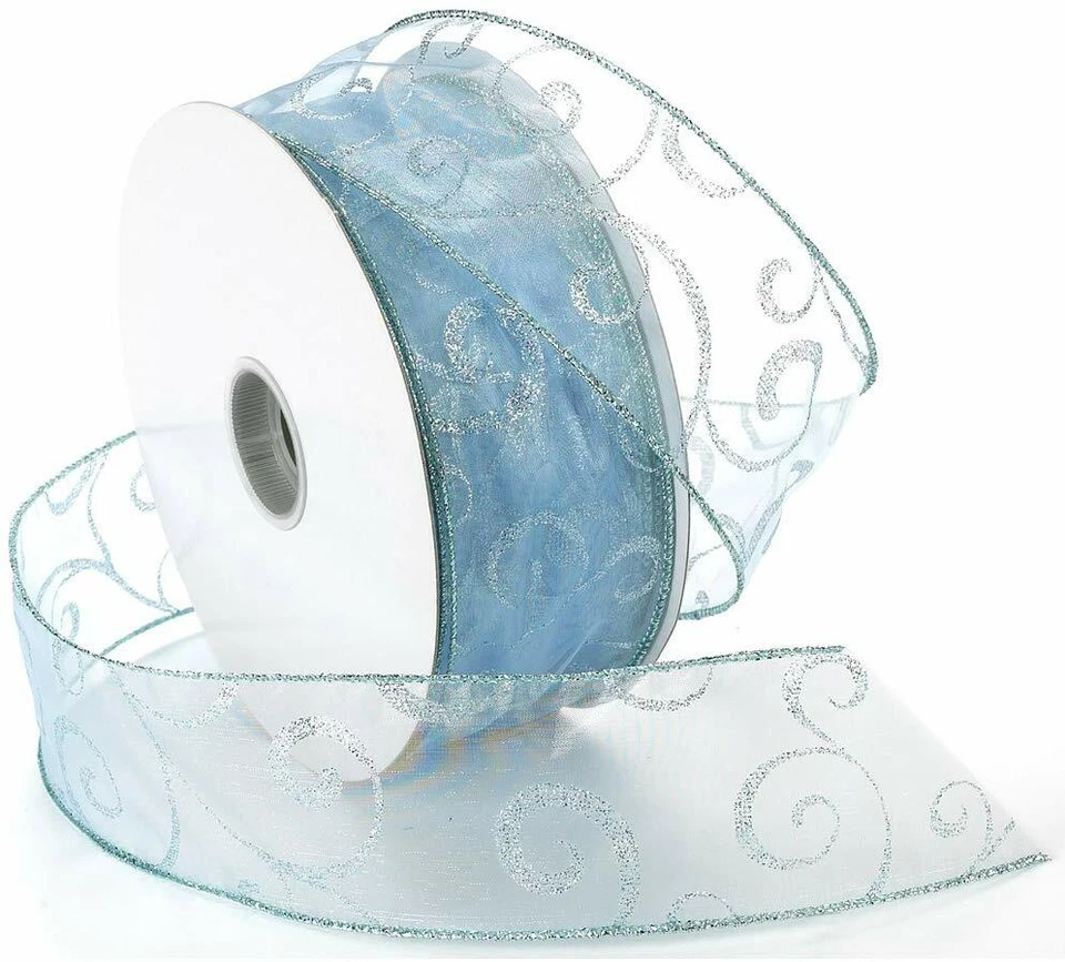 Ice Blue Sparkle Swirls Sheer 2.5" Wide Wired Ribbon 50 Yards NEW silver winter - Image 1 of 1