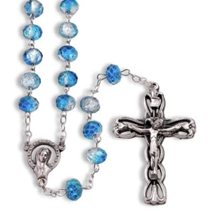 LOVELY NEW MADE IN ITALY ROSARY UNIQUE OVERFLOWING BLUE MULTIFACETED GLASS BEADS - Picture 1 of 1