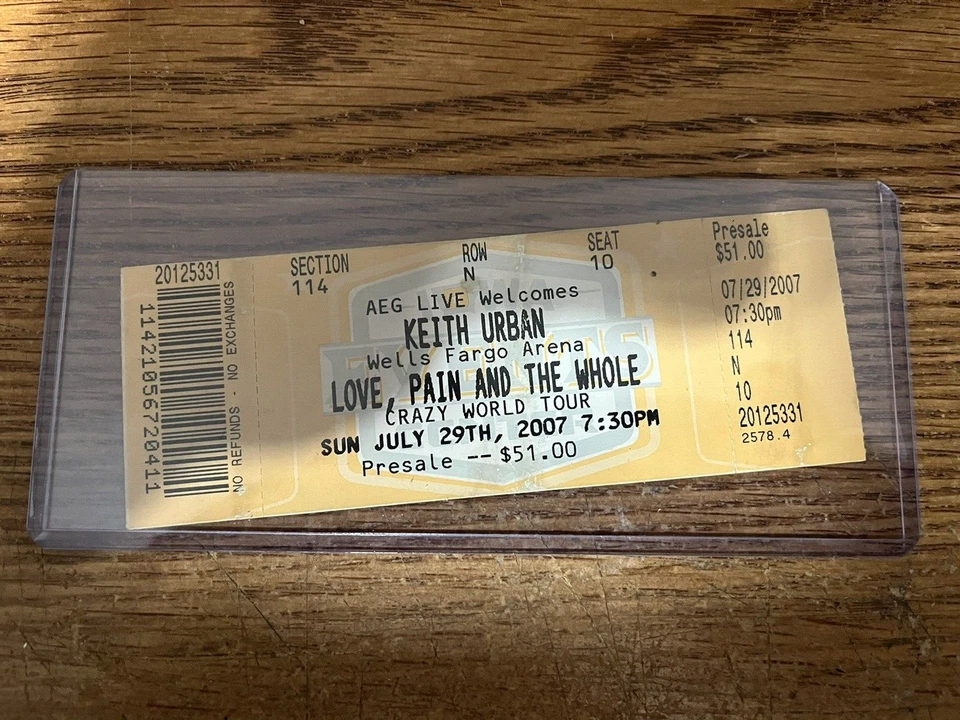 Wells Fargo Arena UNUSED 07/29/2007 Keith Urban Love, Pain Crazy World Ticket - Image 1 of 2