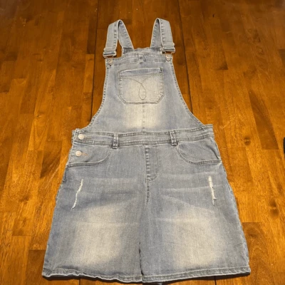 Calvin Klein Girls Distressed Stretch Denim Short Bib Overalls Size L 12/14 - Image 1 of 4