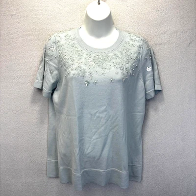 Свитер женский Elie Tahari шерсть мериноса с бисером короткий рукав средний синий мягкий уютный - Изображение 1 из 4