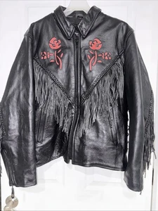 Genuine LC Leather Motorcycle Jacket Fringe Rose Inlay w/Thinsulate 3M Liner 2XL - Picture 1 of 5