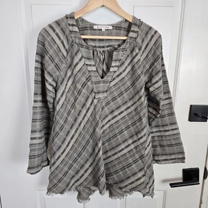 Top tunica Xirena grigio medio a quadri manica lunga casual boho Lagenlook orlo grezzo - Foto 1 di 14