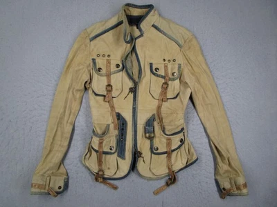 Chaqueta Just Cavalli para mujer 42 color tostado denim ribete cuero multi bolsillo hecha en Italia Foto 1 de 4