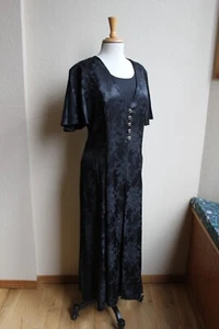 Vintage 90s Whimsigoth Dark Romantic Satin Floral Jacquard Fairy Black Dress 16 - Picture 1 of 4