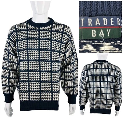 Trader Bay Men's Large Crewneck Sweater Knit Plaid Check Made In USA Vintage NWT - Image 1 of 4