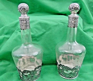 STUNNING ANTIQUE SILVER & CUT GLASS PAIR WINE / LIQUOR DECANTERS sterling 19 cen - Picture 1 of 11