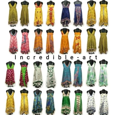 Pack of 10 PCs Vintage Silk Sari Dress Helter dress Multicolor Bohemian Gypsy  - Image 1 of 4