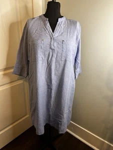 Anne Klein Blue Split V Neck 3/4 Sleeve 2 Pocket Linen Sheath Dress Womens 10 - Picture 1 of 9