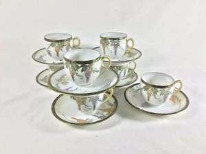 Vintage Hand Painted Grape Motif Japanese Eggshell Porcelain Teacup Set Of 7 - Picture 1 of 12