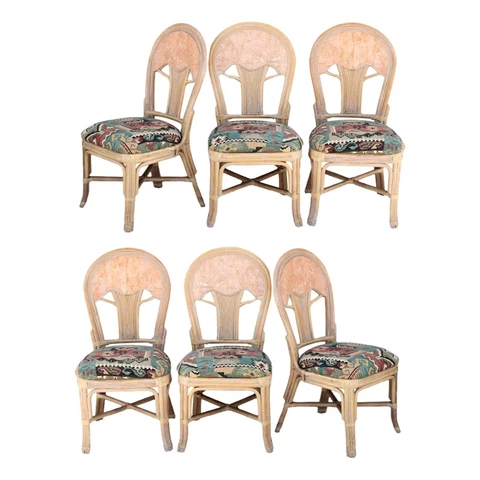 Rare Set of Six Maitland-Smith Style Rattan and Tessellated Stone Dining Chairs Cover