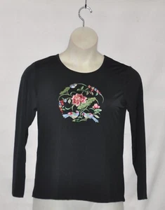 Camiseta elástica manga larga bordada flores y pájaros Yi Lin talla S negra - Imagen 1 de 2