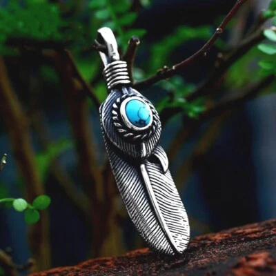 男式不锈钢银色绿松石羽毛吊坠朋克项链 — 第 1/3 张图片