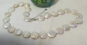 Genuiner 16-17mm coin freshwater pearl necklace chain white L50cm+5cm chain - Picture 1 of 4