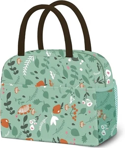 Green Leaves Oxford Lunch Box Tote Bag High Capacity Insulated For Travel Picnic - Picture 1 of 7