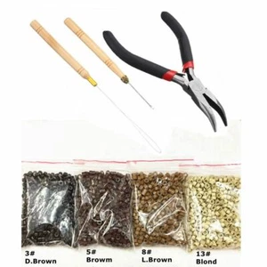 Hair Extension Kit Pliers Hook Tool For Micro Rings Loop & 500Pcs Silicone Beads - Picture 1 of 11