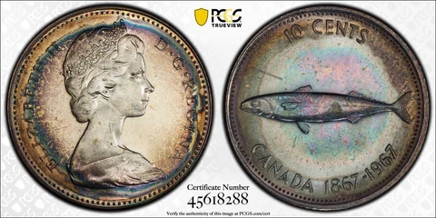 MS64 1967 10C Canada Silver Mackerel Ten Cents, PCGS Secure- Rainbow Toned Cover