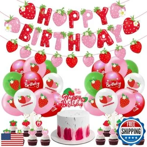 Strawberry Birthday Party Decoration Set with Balloons, Cake Toppers for Girl - Picture 1 of 5