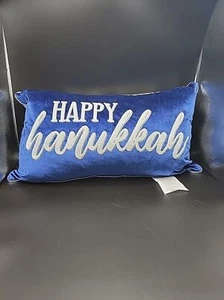 Lacourte HAPPY HANAKKAH MENORAH Reversible Pillow Blue White 24" Removeable Covr - Picture 1 of 6