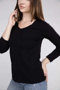 Zenana Cotton V-Neck Long Sleeve Womens T-Shirt Black/White S-XL - Picture 1 of 11