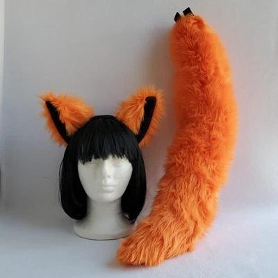 Orange WOLF EARS furry HEADBAND & Wolf TAIL SET anime cosplay Halloween OOAK - Image 1 of 4