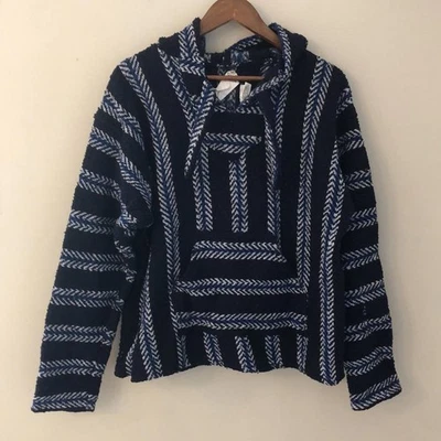 Baja Joe Navy & White striped Hoodie kangaroo pocket rasta surfer Beachy SZ XL - Image 1 of 4
