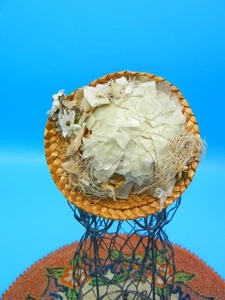 Antique Doll HAT Small Embellished Woven Straw & Fabric Trims - Picture 1 of 9